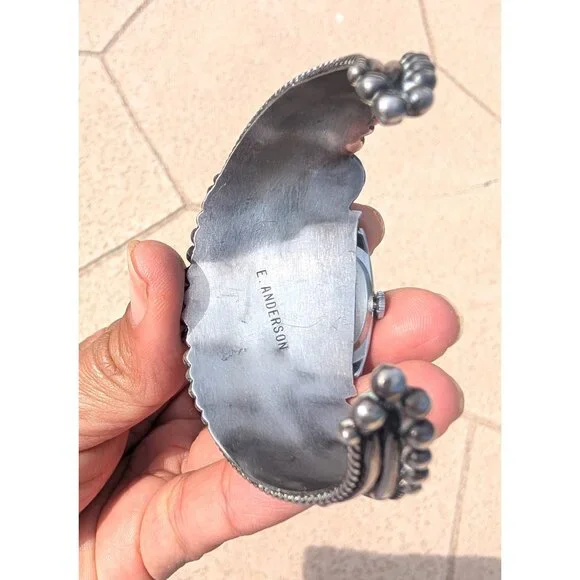 Navajo Sterling Silver & Turquoise Watch Bracelet E. Anderson Non Working 49.5g - Picture 4 of 12